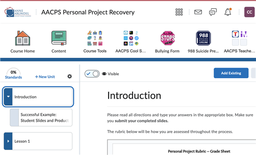 AACPS personal project recovery brightspace page left side bar with introduction highlighted